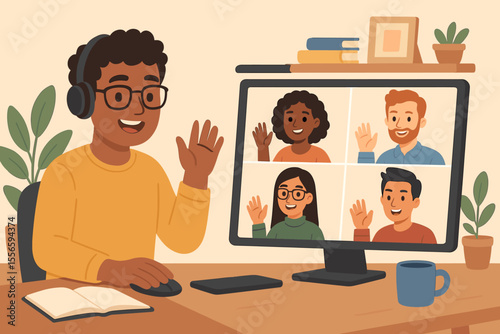 Diverse team remote collaboration video conference call. Online meeting workspace. Virtual teamwork communication. Home office desk. Cartoon vector illustration. Digital technology connection concept