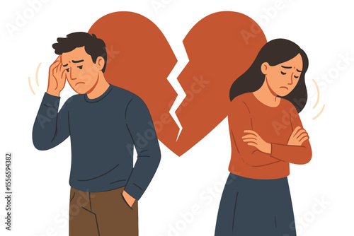 Couple Relationship Crisis Divorce Concept. Sad Man and Woman Arguing with Broken Heart Symbol. Separation, Breakup, Conflict, Emotional Stress, Unhappy Love, Marriage Problems, Vector Illustration