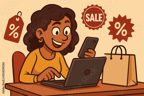 Happy Woman Shopping Online for Discounts and Sales Using Laptop and Smartphone, Cartoon Vector Illustration of Savvy Female Shopper Searching for Bargains, E-commerce, Retail, Special Offers