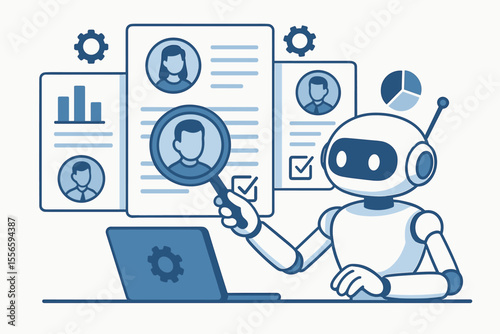 Artificial Intelligence Robot Analyzing Employee Database for Automated HR Recruitment, Data Processing, Talent Selection, Resume Screening, Human Resources Technology Concept Vector Illustration