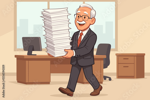 Senior businessman carrying large stack of paperwork in modern office, overwhelmed workload, corporate stress, administrative burden, cartoon vector illustration, business document management