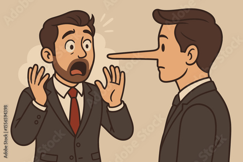 Surprised businessman reacts to colleague with long nose symbolizing lying, dishonesty, deception, fraud, business ethics violation, cartoon vector illustration, office conflict, corporate mistrust