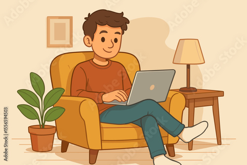 Young man relaxing in cozy armchair using laptop at home, casual living room interior with houseplant, lamp, side table, framed art, comfortable remote work, cartoon vector illustration