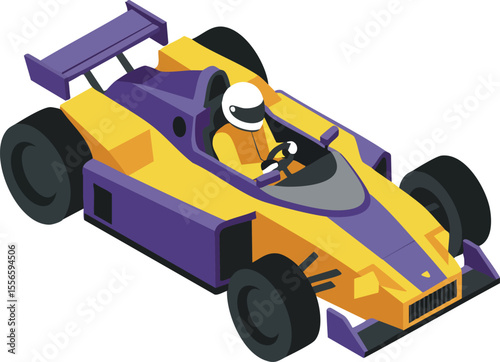 Race car vector illustration with yellow and purple colors driver helmet and sporty design in isometric style