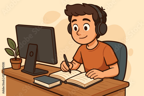 Cartoon young man studying online at desk with headphones, writing notes in notebook, distance learning, e-learning, remote education, student workspace, computer, modern home office concept