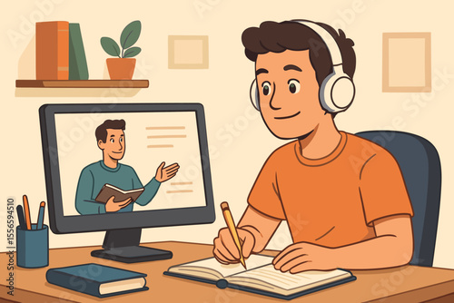 Online education concept. Young man wearing headphones studying at desk, taking notes from virtual class on computer. E-learning, distance learning, remote study, digital classroom vector illustration