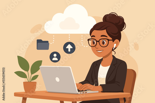 Remote work businesswoman using laptop with cloud computing technology, file sharing, online data storage, digital workflow, modern office, wireless internet, vector illustration