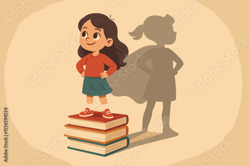 Ambitious girl stands on books with a superhero shadow, dreaming big. Concept of knowledge is power, education, confidence, and success. Girl power empowerment cartoon vector.