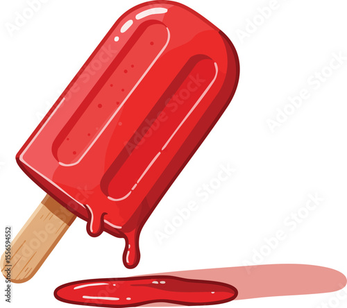 Red melting popsicle dripping juice with wooden stick summer dessert vector illustration