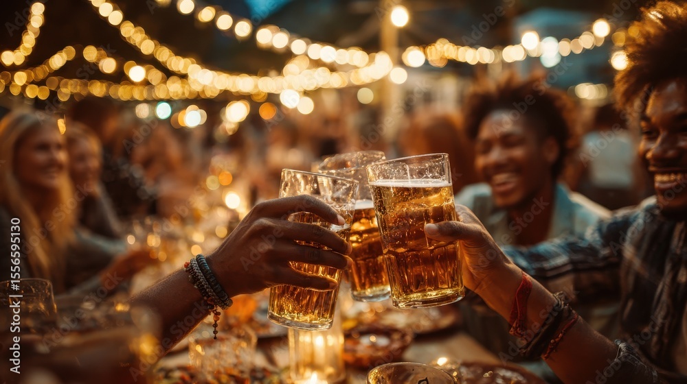 Naklejka premium Group of friends toasts with beer at lively outdoor dinner party under string lights
