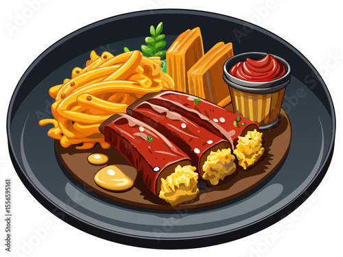 vector of Grilled ribs with mac and cheese in a dark plate, special sauce, delicious restaurant food...