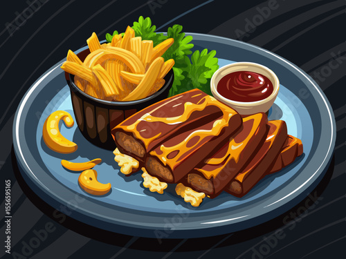 vector of Grilled ribs with mac and cheese in a dark plate, special sauce, delicious restaurant food...