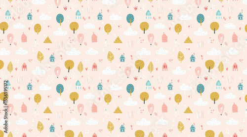 Cute Whimsical Village Seamless Pattern