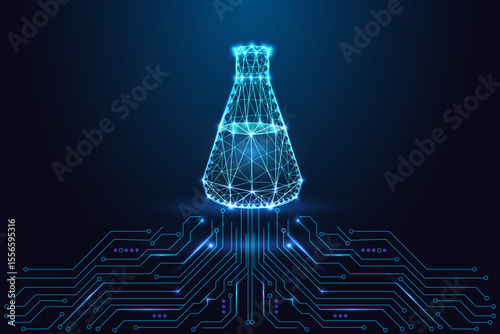 Futuristic low poly glowing chemistry flask above circuit board, digital science innovation vector