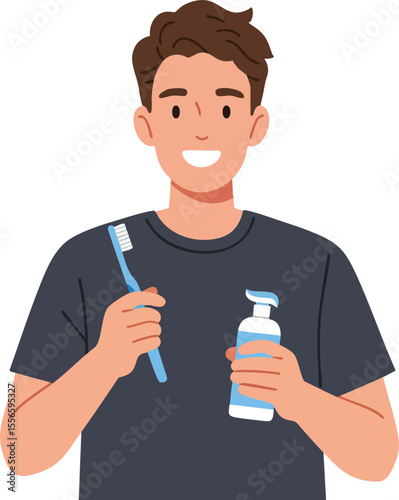 Young man holding toothbrush and toothpaste smiling with hygiene and dental care concept vector illustration