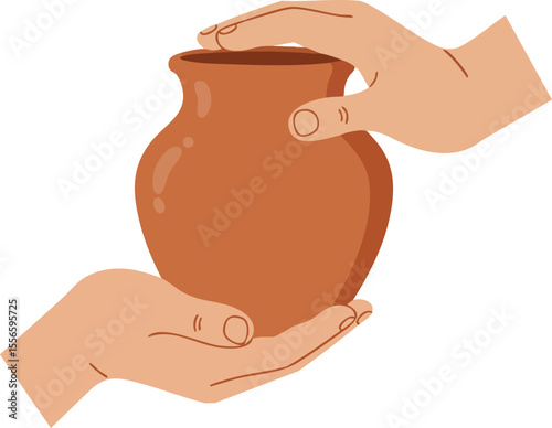 Hands holding brown clay pot illustration for pottery art craft and traditional handmade ceramics design