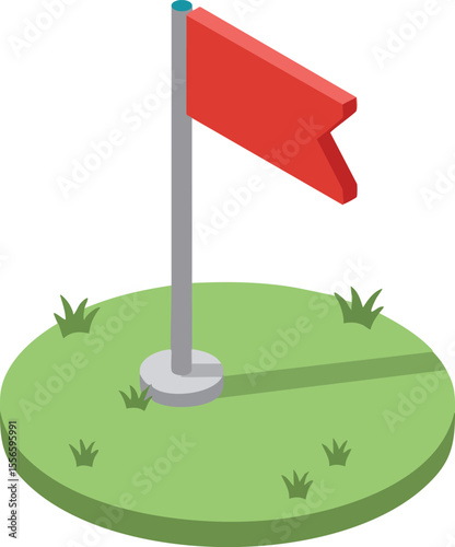 Red flag on green grass circular base with shadow isometric vector illustration for marking and signaling purposes