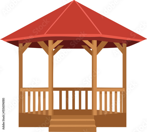 Wooden garden gazebo with red roof outdoor pavilion structure for relaxing or social gatherings vector illustration