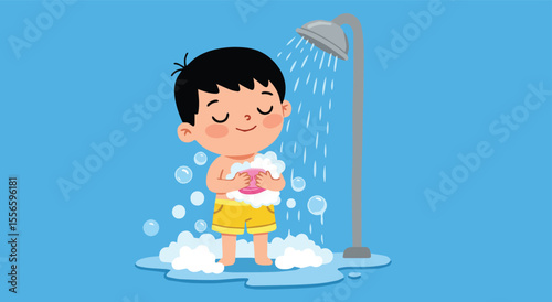 Happy Little Boy Taking a Shower with Lots of Bubbles

