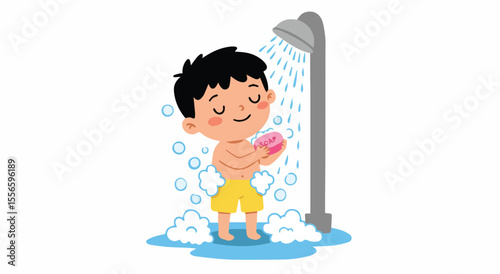 Happy Little Boy Taking a Shower with Lots of Bubbles

