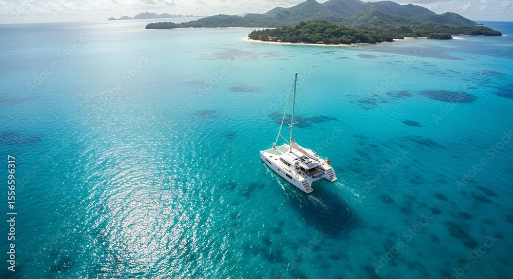 Naklejka premium Aerial View of Yacht in Turquoise Tropical Ocean