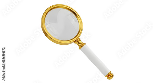A golden magnifying glass shines brightly on a transparent background, symbolizing search, discovery, and detailed exploration for various projects.