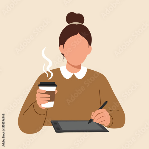 Woman holding coffee cup and using graphic tablet for digital drawing in brown sweater and white collar casual outfit