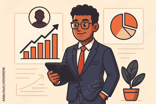 Ambitious businessman tracking personal development and career growth metrics on a tablet. Young professional analyzing data, charts and graphs for success strategy. Vector cartoon.