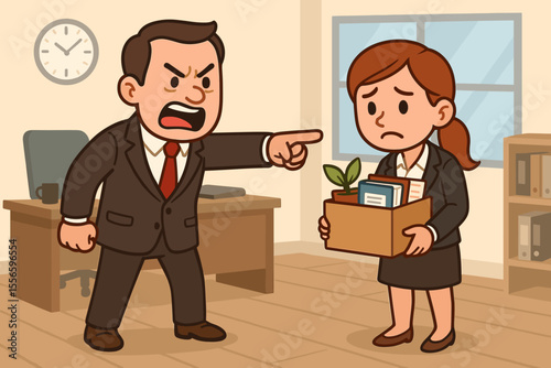 Angry boss firing employee concept. Furious manager shouting at sad woman. Dismissal, job loss, unemployment. Unfair termination, workplace conflict. Layoff cartoon vector.