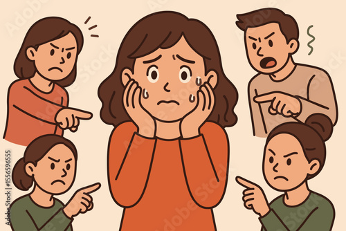 Sad anxious woman is a victim of bullying and public shaming. Angry people pointing fingers, accusing and judging. Concept for social anxiety, mental health, stress, and guilt. Vector.