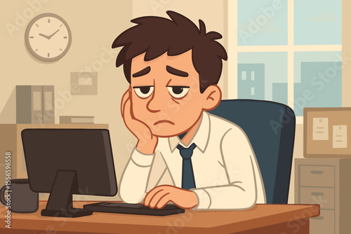 Bored unmotivated employee sitting at office desk, feeling tired and sad. Concept of professional burnout, fatigue, procrastination, and mental health issues at the workplace.