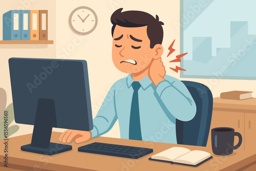 Stressed office worker suffering from neck pain. Man with muscle tension and stiff neck from long work at computer. Office syndrome, bad posture, and health problems concept.