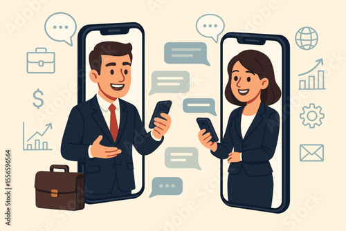 Businessman and businesswoman engaging in online chat via mobile phone. Vector cartoon concept for virtual communication, corporate collaboration, and business networking technology.