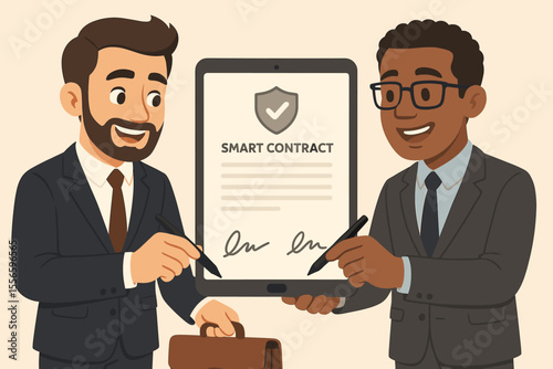 Business partners signing a smart contract on a digital tablet. Diverse businessmen using e-signature for a legal document. Blockchain technology, corporate deal and partnership concept.