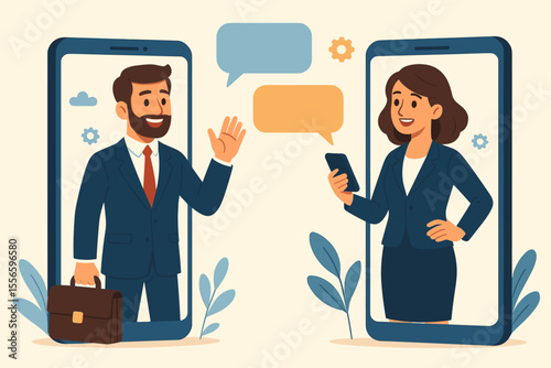 Virtual meeting and online communication concept. Businessman and businesswoman on smartphone screens having a video conference. Remote work, business chat, and networking vector.