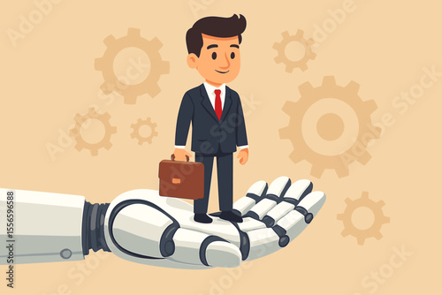 Businessman standing on a robotic hand symbolizing automation and AI in the corporate world. Vector cartoon concept for the future of work, human-machine collaboration, and support.