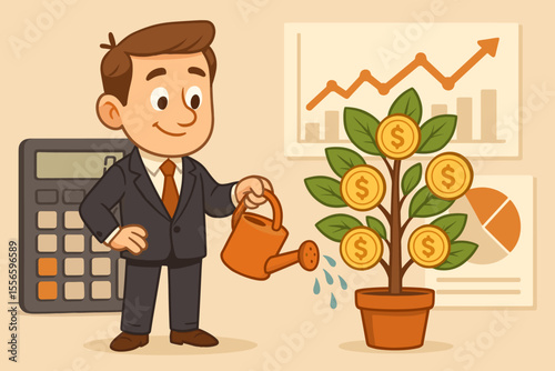 Businessman watering money tree, a metaphor for financial investment and growth. Cartoon vector illustration of a man nurturing a plant with gold coins for profit, wealth, and savings.