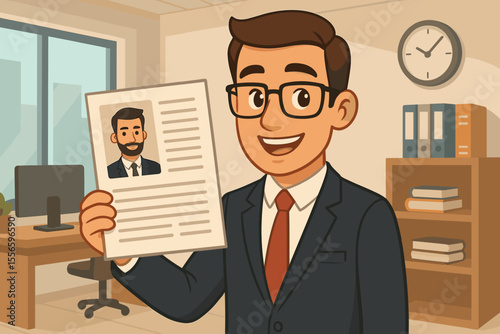 Happy HR manager holding a CV resume. Concept of recruitment, hiring, and job interview. Businessman choosing a candidate for a job vacancy. Successful employee selection process.