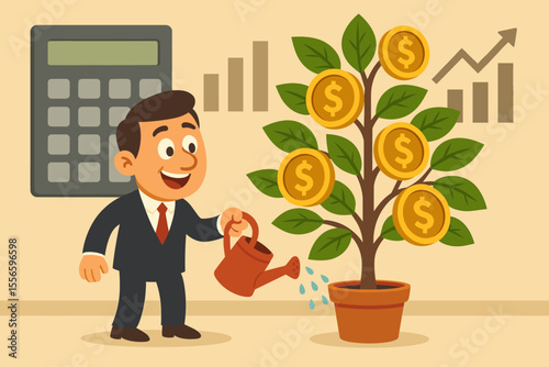 Investment growth metaphor with businessman watering a money tree. Cartoon character nurturing dollar coins to grow wealth and profit. Vector illustration with financial chart and calculator.