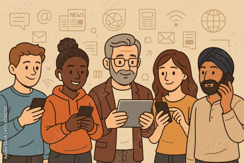 Diverse multiethnic group of people using gadgets like smartphones and tablets. Characters connected online, reading news, using social media. Digital age communication vector concept.