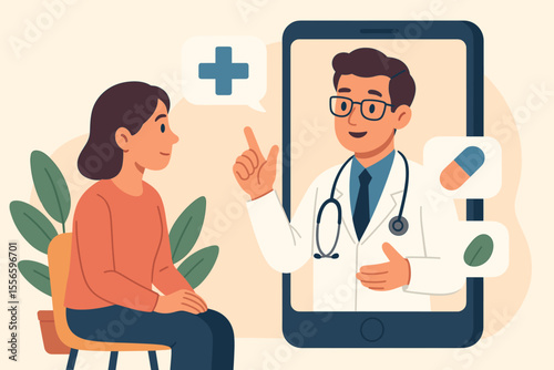 Telemedicine and telehealth concept. Doctor provides medical advice to a patient via a smartphone app. Online healthcare, virtual consultation, remote treatment. Flat vector illustration.