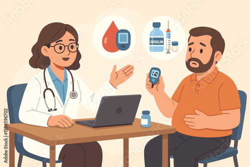 Doctor consulting a patient with diabetes. Endocrinologist explaining blood sugar management, insulin treatment, and glucose monitoring with a glucometer. Healthcare medical vector concept.