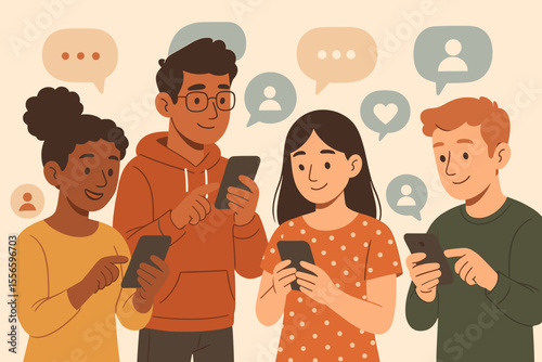 Diverse group of young people using smartphones for social media communication. Friends chatting and texting online. Digital community, networking and mobile technology concept. Vector.