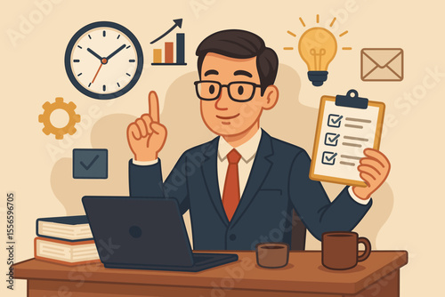 Efficient time management and productivity concept with organized businessman prioritizing tasks, checklist, laptop, clock, light bulb idea, and growth chart vector illustration