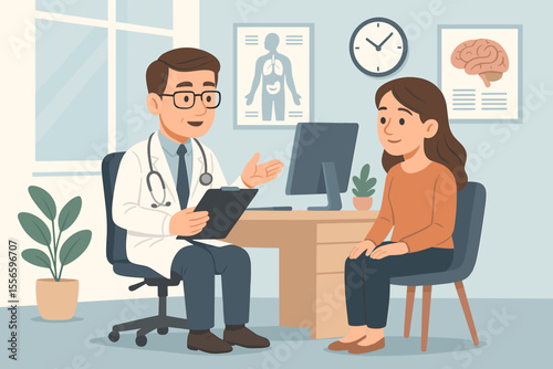 Doctor consulting a female patient in a modern clinic office. Male physician providing medical advice and diagnosis during a health check-up. Healthcare and medicine vector illustration.