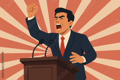 Political leader giving a powerful speech, fist raised. Retro propaganda poster style illustration. Concept of revolution, protest, or dictatorship. Orator shouting from podium.