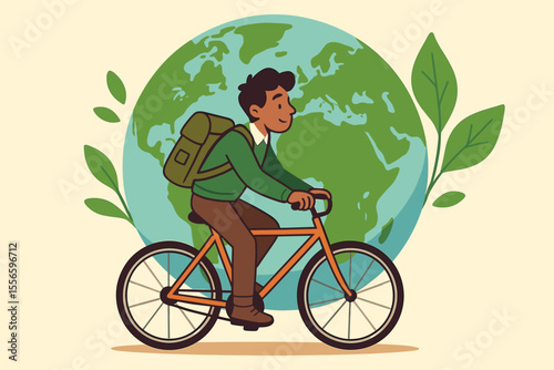 Eco friendly commuter riding bicycle in front of Earth globe promoting sustainable transportation. Man on bike for World Car Free Day. Green lifestyle and ecology concept vector illustration.