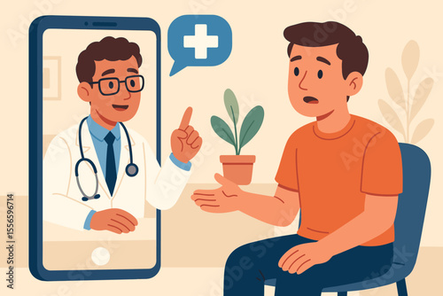 Online doctor consultation via smartphone app. Telehealth and telemedicine concept. Patient receiving virtual medical advice from a physician during a remote healthcare video call.