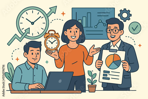 Time management and productivity concept. Business team working on a project, analyzing data reports with charts. Corporate teamwork for efficient workflow and planning. Vector.