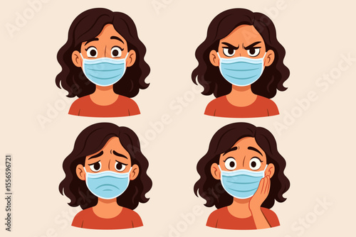 Expressive young woman wearing a protective face mask showing a set of different emotions. Sad, angry, surprised, shocked feelings. Cartoon vector character for pandemic concepts.